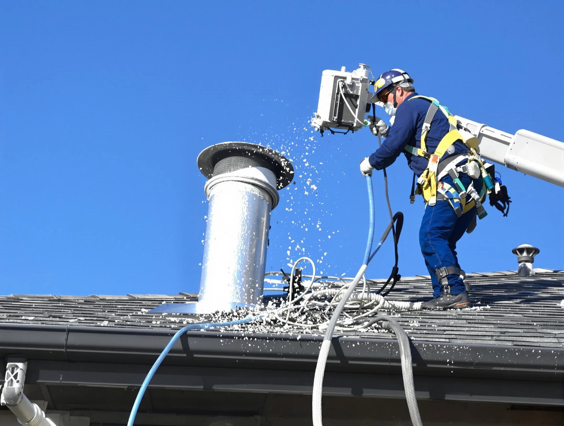 Pleasant View Dryer Vent Cleaning certified technician safely cleaning a roof-mounted dryer vent in Pleasant View
